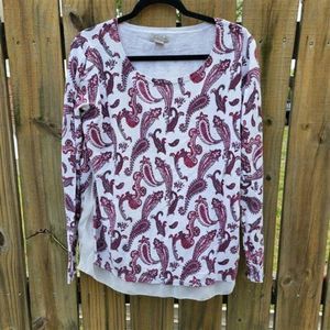 Lucky Brand Women White & Purple Long Sleeve Scoop Neck Paisley Blouse Size L